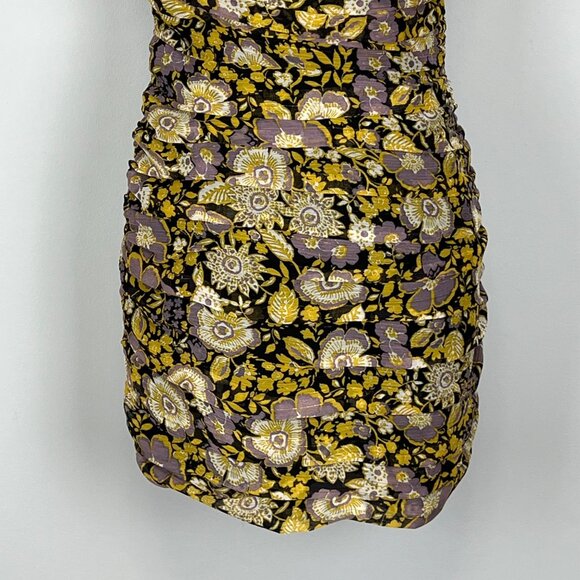 Zara Womens One Shoulder Floral Ruched Bodycon Mini Dress Yellow Purple Small - Picture 9 of 12